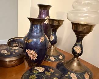 Vintage Indian Brass and Enamel Floral Decorative Set