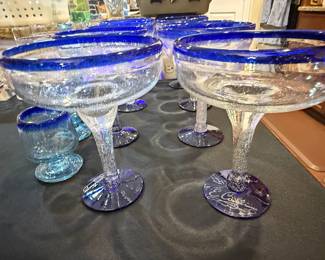 E. Cointreau Signed Hand-Blown Margarita Glasses with Cobalt Blue Rim and Base