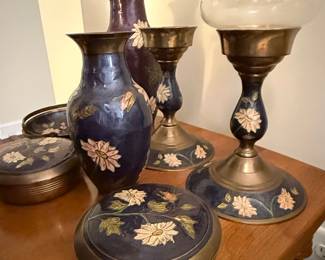 Vintage Indian Brass Cloisonné Enamel Decorative Set