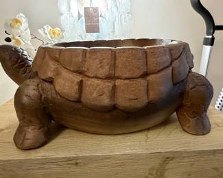 Hand-Carved Wooden Turtle Serving Bowl with Lid