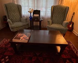 Queen Anne Style Sage Green Damask Wingback Chair
