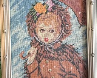 Vintage Framed Needlepoint Boy with Umbrella - Hummel Style