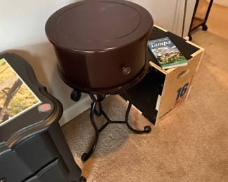 Vintage Metal Sewing Stand with Drum-Style Storage