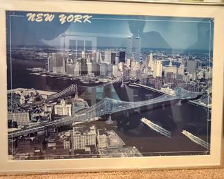 Vintage Aerial New York City Skyline Photograph with Twin Towers and Brooklyn Bridge