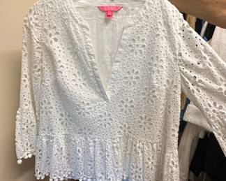 Lilly Pulitzer Bekah White Eyelet Peplum Top with Pom-Pom Trim