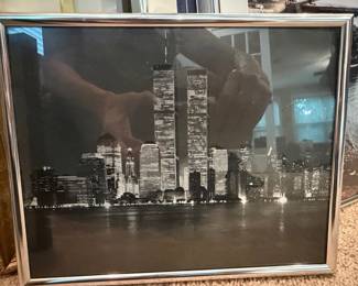 Vintage Black and White Photograph of the Manhattan Skyline with Twin Towers by Henri Silberman