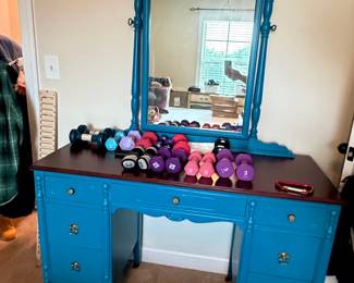 Refinished Vintage Vanity with Mirror and Assorted Neoprene Dumbbells