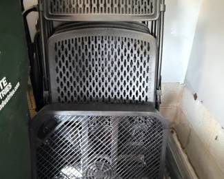 Plastic Lattice-Back Folding Chairs and Box Fan