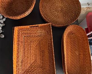Woven Rattan Serving Tray and Basket Set