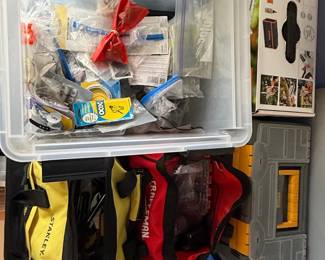 Assorted Tools and Hardware Storage Collection with Stihl GTA 26 Box