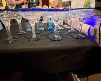 E. Cointreau Signed Hand-Blown Margarita Glasses with Cobalt Blue Rim and Base