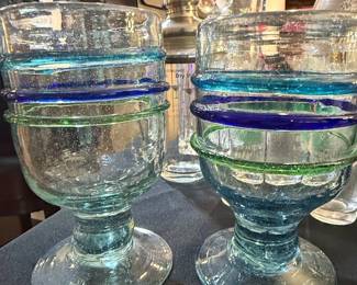 Mexican Hand-Blown Recycled Glass Margarita Glasses with Multi-Colored Rings
