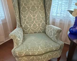 Queen Anne Style Sage Green Damask Wingback Chair