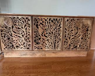 Hand-Carved Mango Wood Three-Door Sideboard with Tree of Life Motif