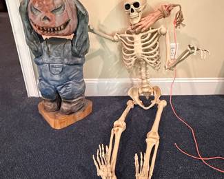Hand-Carved Halloween Pumpkin-Head Figure and Posable Skeleton Prop