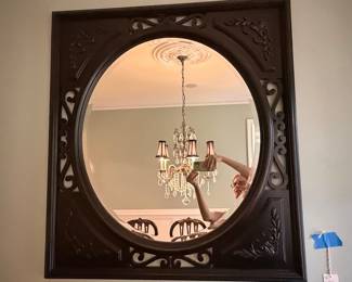 Vintage Ornate Dark Wood Oval Wall Mirror with Carved Accents