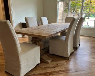 Restoration Hardware Trestle Dining Table and 6 o 8 Slip Covered Chairs