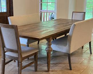 Dining Table with Turned Legs and Reclaimed Finish, Two Benches and Two Chairs
