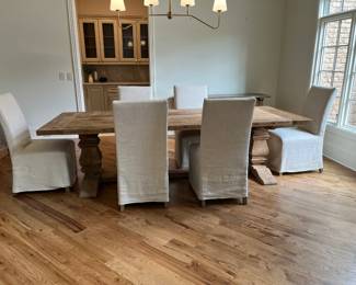 Restoration Hardware Trestle Dining Table and 6 o 8 Slip Covered Chairs