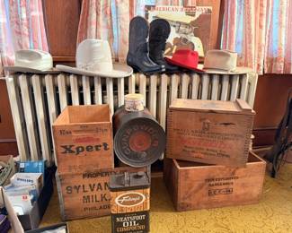 Vintage Crates, Tins, Hats, Boots