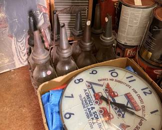 Vintage Garage Collectables, Oil Jars, Clock, More!