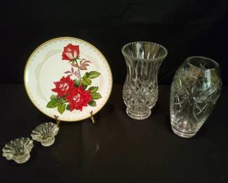 Boehm Love Rose Collector Plate Crystal Vase Set with Candle Holders