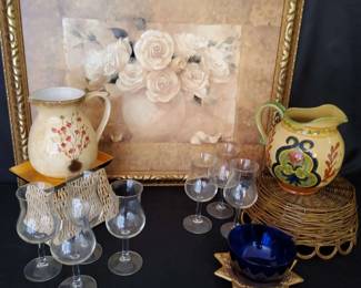 Floral Pitchers, Hurricane Wine Glasses Bombay Co. Rose Art Alfresco Dining Decor Set