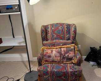 Red And Blue Chair with Decorative Pillows Modern Floor Lamp
