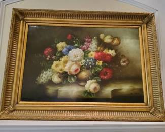 Ornate Gold Gilt Framed Floral Still Life Oil Painting Large Statement Wall Art