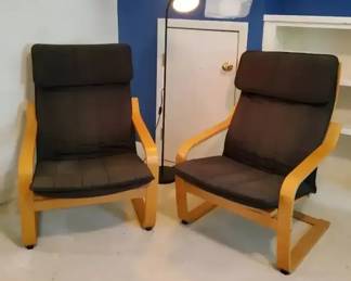 Set of Two IKEA Poang Armchairs and Black Floor Lamp