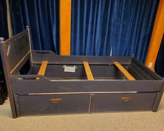 Navy Blue Distressed Wood Bed with Brass Hardware UnderBed Storage