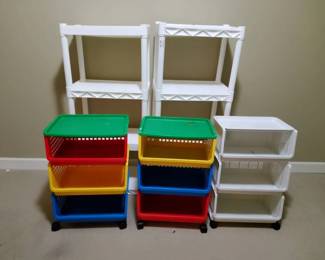 Rolling Storage Carts and White Plastic Shelving Units