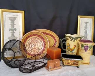 LeVan Rooster Pitcher, Wine Cooler, Metal Baskets Framed Greek Prints