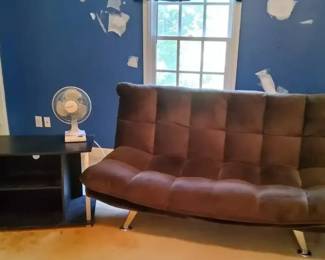 FullSize Brown Cushioned Futon, Modern Media TV Stand, and Oscillating Fan Lot