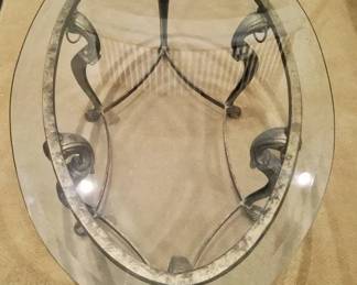 02 Ornate Oval Glass Top Coffee Table Hollywood Regency Wrought Iron Scroll Base