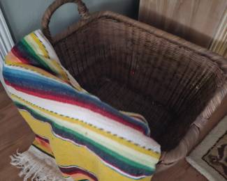 French lau ndty basket, needs handle repair and large Mexican blanket/rug