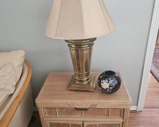 MCM nightstand and brass lamp