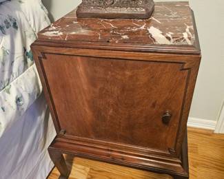 European nightstands, walnut with marble tops, pair