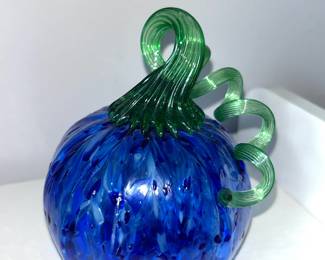Hand blown blue glass pumpkin