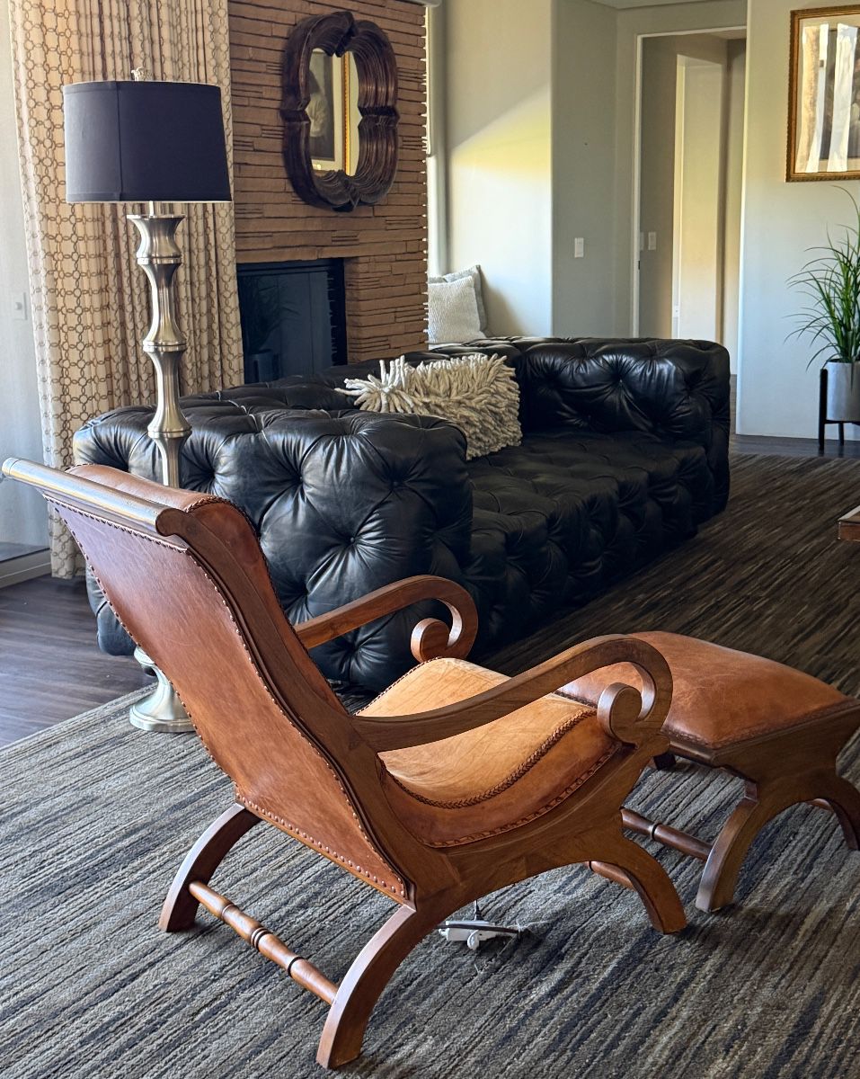 Restoration Hardware Sofa and Loveseat, Leather Chair w Ottoman, Brushed Nickel Floor Lamp, Decorative Mirror, Custom Area Rug 15'10" x 24'