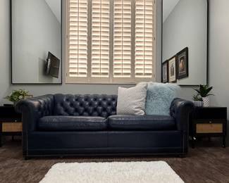 Arched Mirrors pair 31 1/2 x 71, Tufted Navy Leather Sofa Bed w/ Nailhead Trim, End Tables w Caned Door Fronts pair