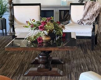 Double Pedestal Coffee Table w Beveled Glass Top, Floral Centerpiece, QUILT NOT AVAILABLE,  Fernand Wood Accent Black & Ivory Chairs pr