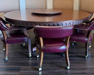 Antigua 6' Round Pedestal Dining Table w 28" Lazy Susan, 6 Chairs w Casters
