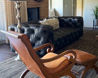 Restoration Hardware Sofa and Loveseat, Leather Chair w Ottoman, Brushed Nickel Floor Lamp, Decorative Mirror,  Custom Area Rug 15'10" x 24'