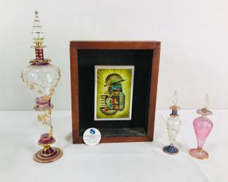 Modern Enamel Art Piece & Egyptian Glass Perfume Bottles