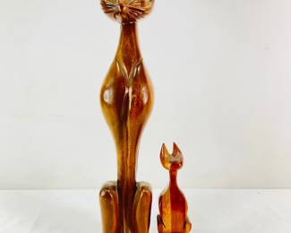 Two (2) Wood Carved Siamese Cat Figurines