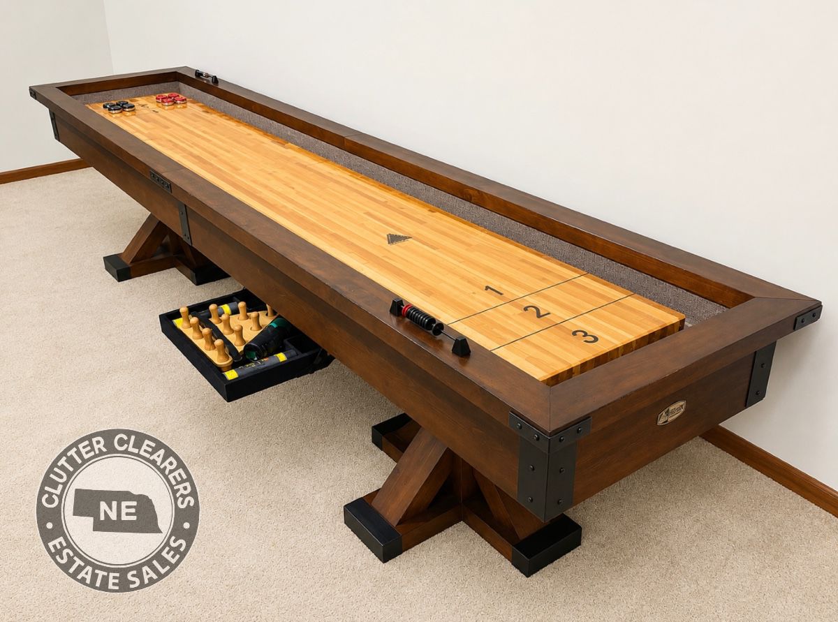 Legacy Billiards shuffleboard table with shuffleboard bowling accessories.