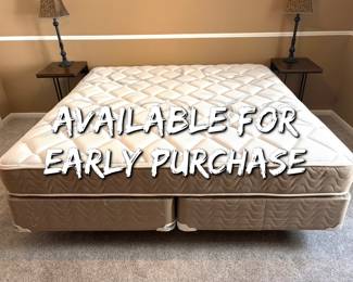 AVAILABLE FOR EARLY PURCHASE - King bed with double boxspring and metal boxspring. Previously used in the guest bedroom. Comes from a very clean, smoke free/pet free home. $325. Willing to help load or delivery is available.