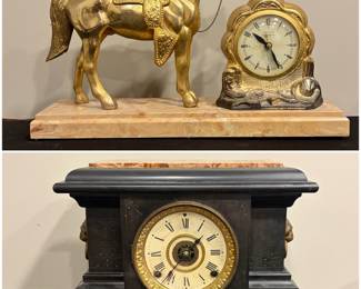 This is a vintage United Self-Starting Western-themed mantel clock with a metallic horse figure mounted on a marble-look base. And an antique black mantle clock.