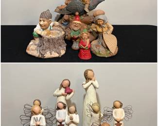 A collection of Tom Clark gnomes produced by Cairn Studio, and a collection of various Willow Tree angel figurines designed by artist Susan Lordi and produced by Demdaco.